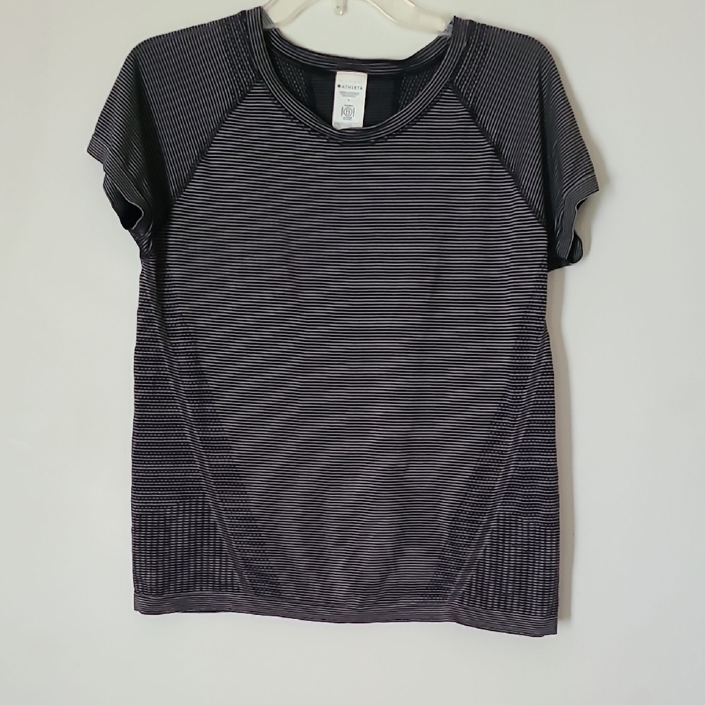 Athleta Black and White Striped Short Sleeve Tee